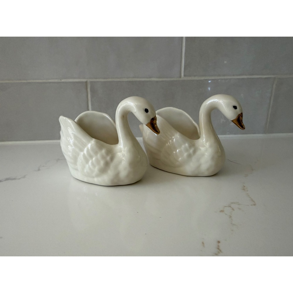 Ceramic Swan Succulent Planter Pair Small White Gold Beak Vintage Style Set of 2